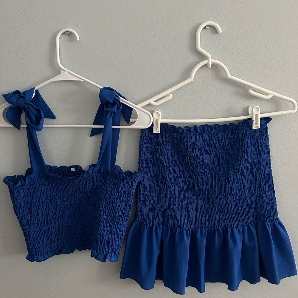 Blue two piece skirt set with ties